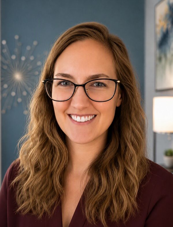Smiling woman with glasses and wavy hair.