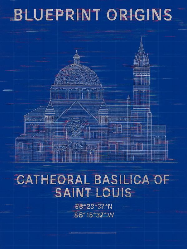 Blueprint-style drawing of the Cathedral Basilica of Saint Louis with coordinates.