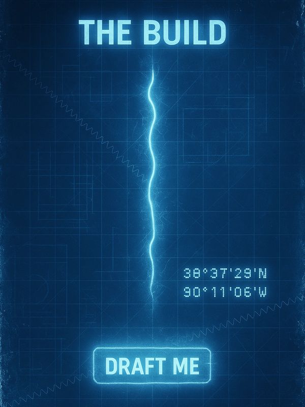 Blueprint-style design with glowing text and coordinates, titled 'THE BUILD' and a button labeled 'DRAFT ME'.