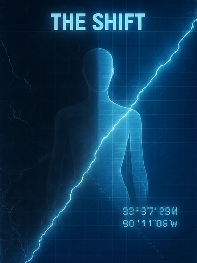 Futuristic digital silhouette with lightning and coordinates titled 'The Shift'.