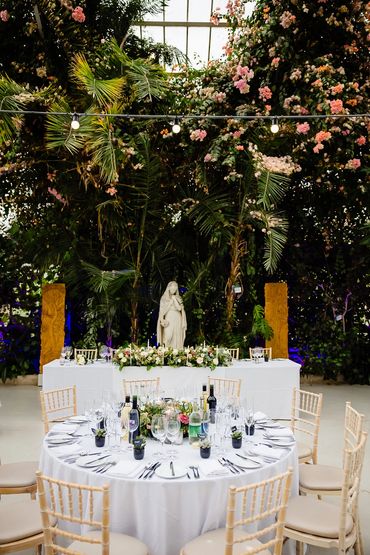 Garden style top table floral garland with Dahlias and greenery with matching round centrepiece