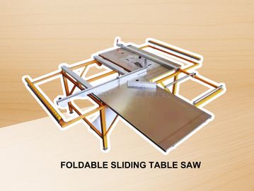 Foldable sliding table saw with extendable metal frame and sliding surface.