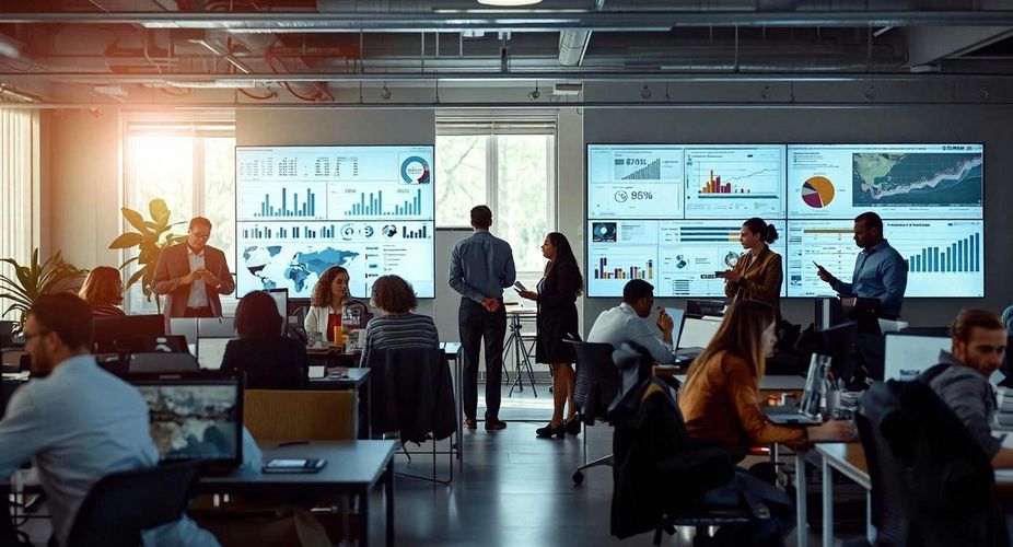 Modern office with teams collaborating and analyzing data on large screens.