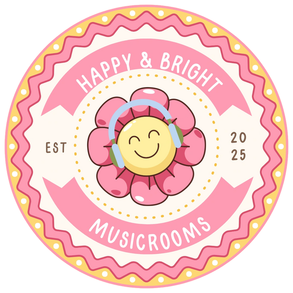 A cheerful flower with headphones and text 'Happy & Bright Musicrooms'.