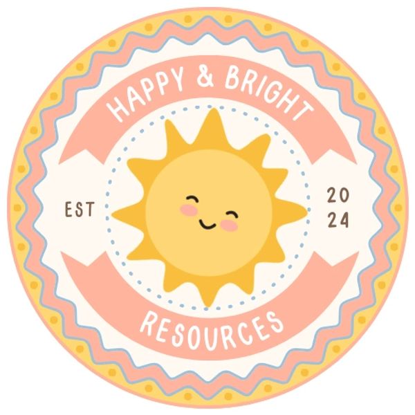 A cute sun logo with 'Happy & Bright Resources' and 'EST 2024'.