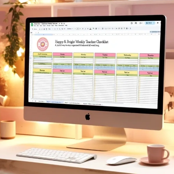 Cozy workspace with a computer displaying a weekly teacher checklist on a clean white desk.