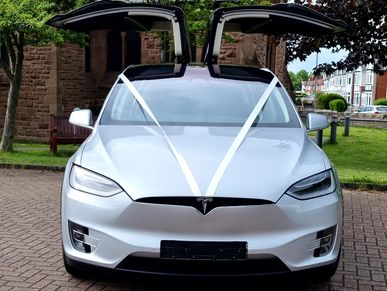 a white tesla prepared for an event.