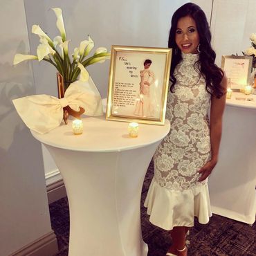 short shower dress of lace and satin made from mother's wedding gown