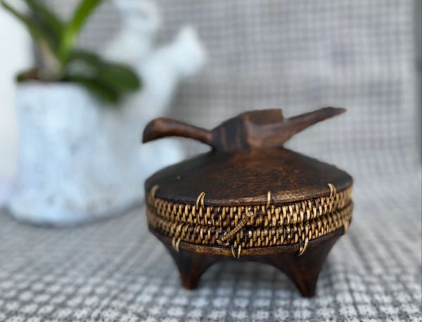 Vintage Lombok Lidded Bowl with Bird Handle Indonesian Wood and Rattan Basket with Feet for Treasure