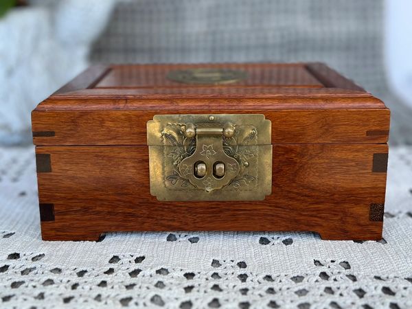 Vintage Wooden Medallion Jewellery Box with Brass Accents Asian Wood Tarot Card and Crystal Jewelry 