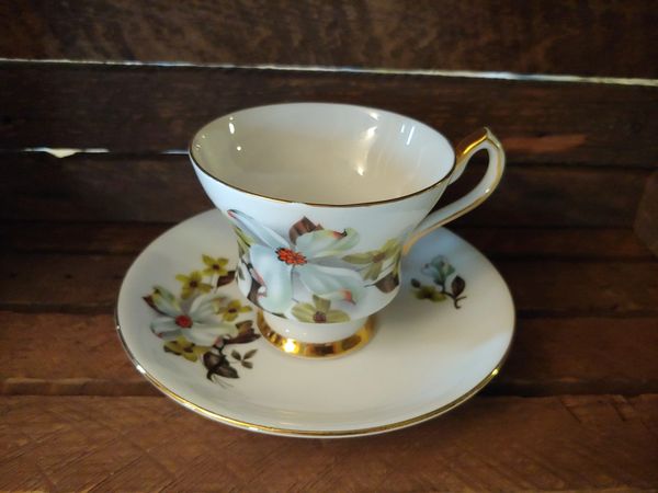 Vintage Windsor Teacup and Saucer Set with white Dogwood Flowers and gold rimming tea leaf reading