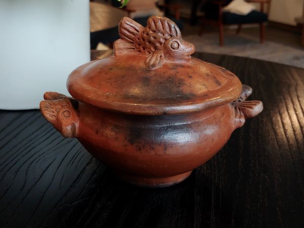 INDONESIAN REDWARE BOWL with Fish Handles and Lid Burnt Terracotta Pottery burning incense or smudge