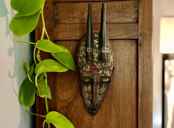 Vintage Wooden BAMANA MARKA MASK Hammered Metal and Red Tufts African Tribal Art of Mali Sacred Spac