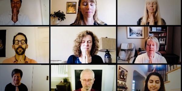Zoom classroom with 9 people meditating - promoting wellbeing, healing and balance in life