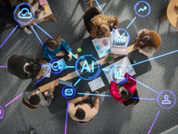 Team collaborating with AI concepts overlay.