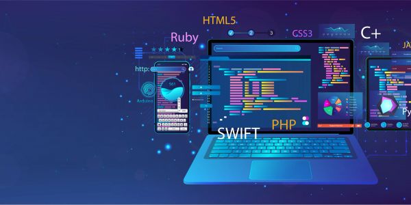 Digital devices showing colorful programming code and language names.