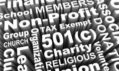 Collage of words related to 501(c) non-profit organizations.