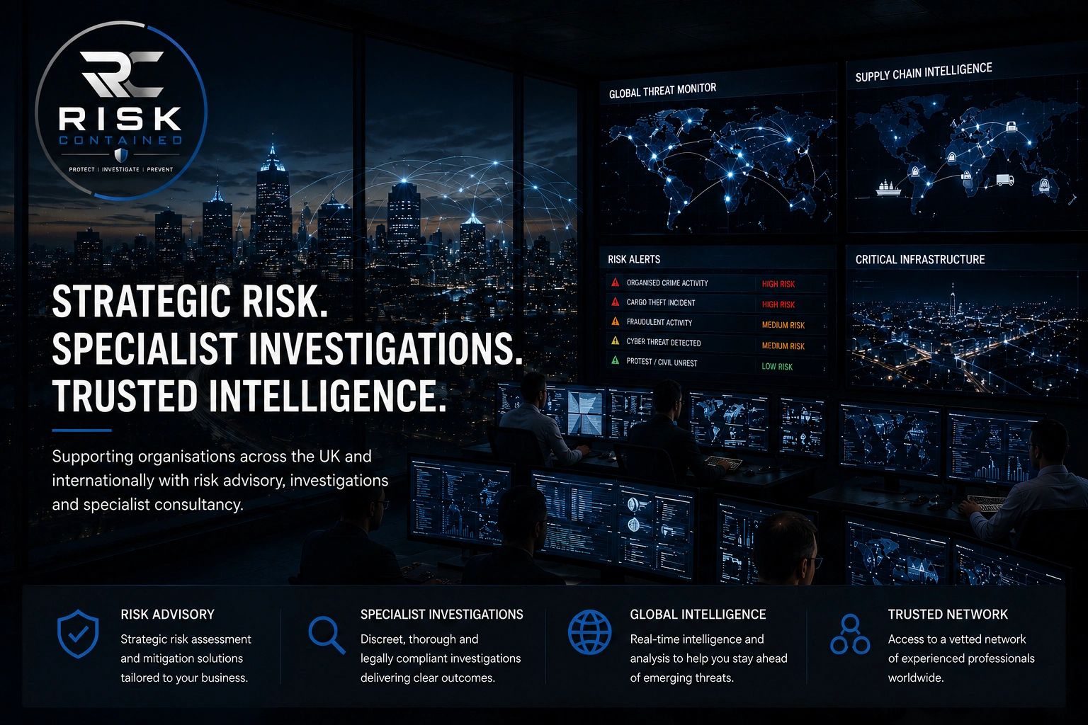 Risk Contained providing strategic risk consultancy, specialist investigations and intelligence-led solutions for organisations across the UK and internationally.