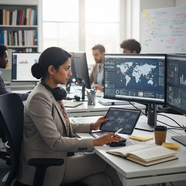 Professional woman analyzing data on laptop and monitors.