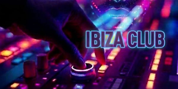 DJ hand mixing music at Ibiza Club under neon lights.