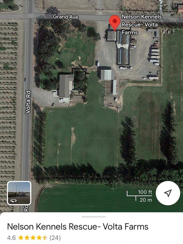 Aerial view of Nelson Kennels Rescue at Volta Farms with buildings and green fields.