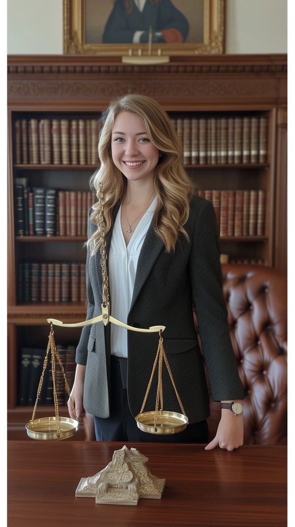Smiling woman in professional attire holding a balance scale in a law library.