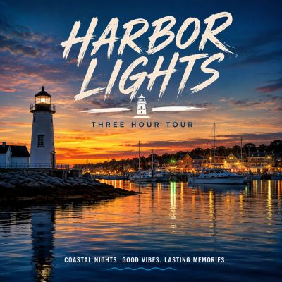 Harbor Lights three-hour tour at sunset with lighthouses and boats.