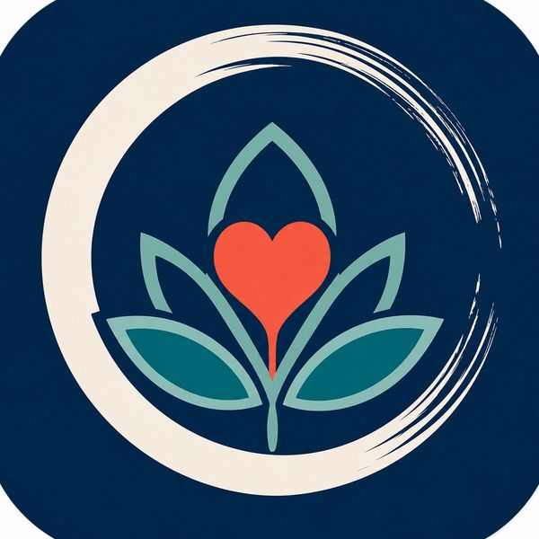 A stylized heart and leaves inside a circular brushstroke on a dark background.