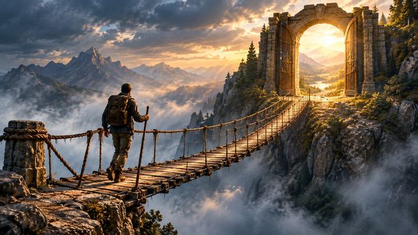 Epic style scene showing a man walking across a bridge along the Sojourner's Journey.