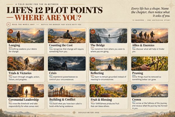 Infographic with 12 epic-style map plot point scenes along the Sojourner's Journey.