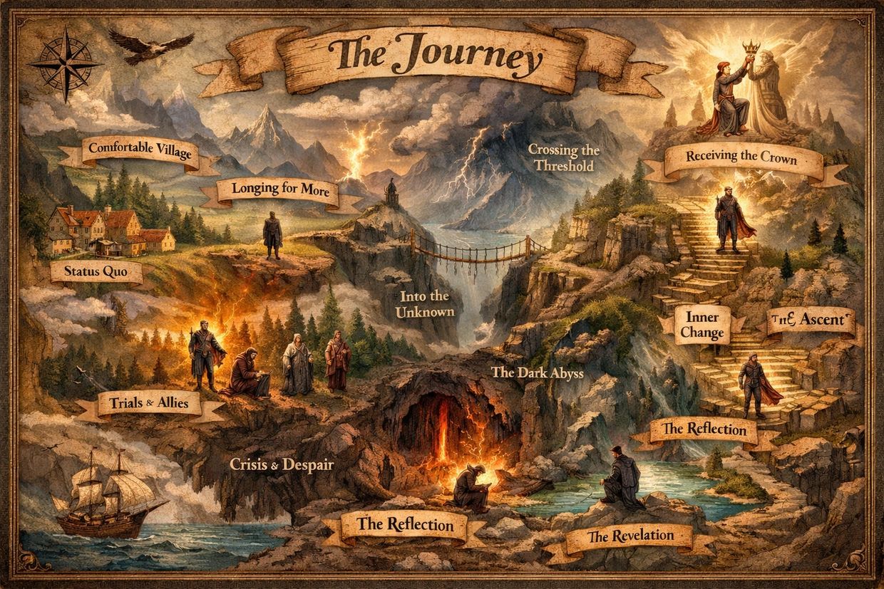 Epic style map showing a collage of different scenes along the Sojourner's Journey.