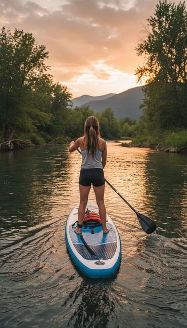 Woman stand-up paddleboarding down the river