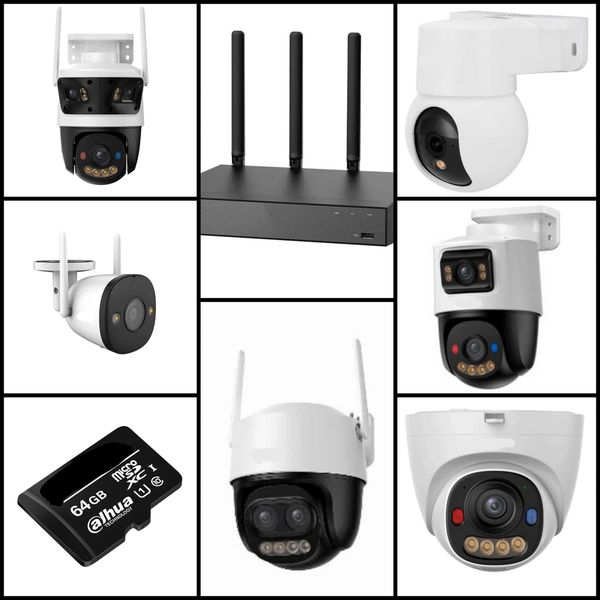 Various security cameras and a 64GB microSD card displayed in a collage.