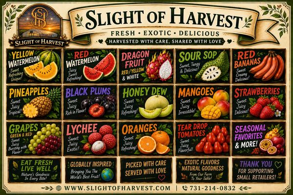 Colorful fruit guide showcasing fresh, exotic, and delicious produce from Slight of Harvest.