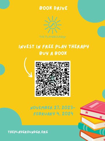 Book drive poster with QR code promoting free play therapy and book buying.
