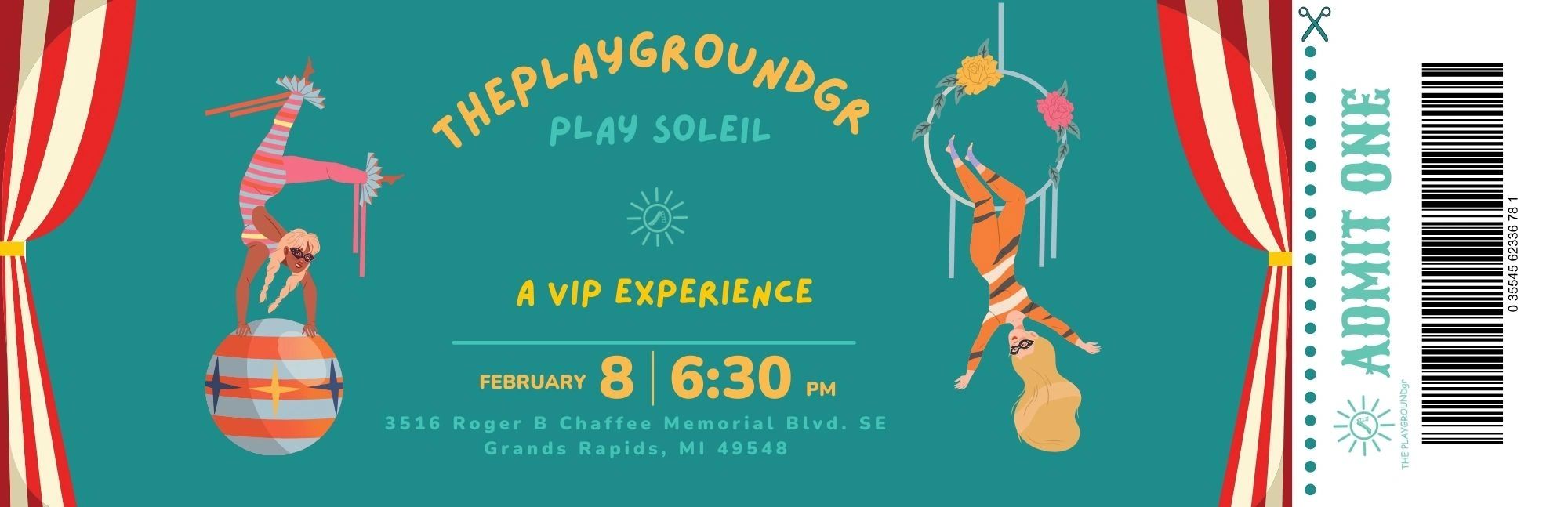 VIP circus-themed event ticket for February 8 at The Playground GR.