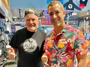 Ninth Island Connection host Sebastian with Buddy V Father in Law, Mauro at Pizza Cake in Harrahs.