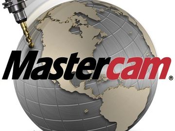 Mastercam logo with a drill and a globe showing North and South America.