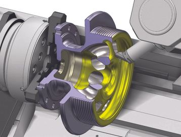 3D CAD model of a mechanical part being machined on a lathe.