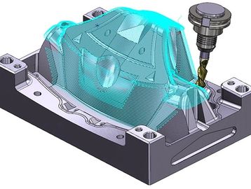 3D CAD model showing CNC milling toolpath on a mechanical part.