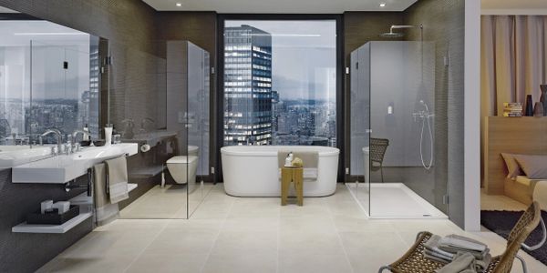 freestanding bath in hotel apartment bathroom