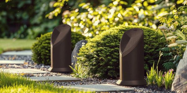 Two outdoor speakers along a garden path with greenery.