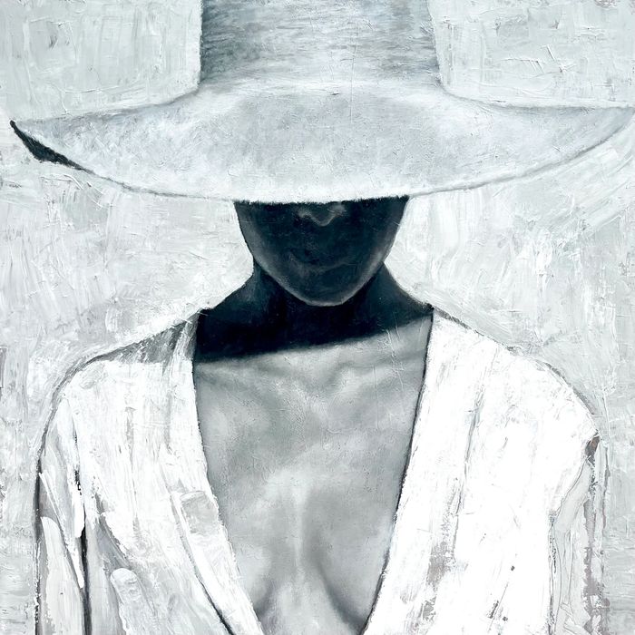 Black and white impressionist portrait of a woman with a big hat obscuring her face. 