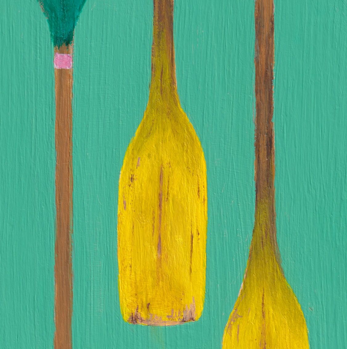 Oars, #4© Painting by Darlene G. 3 pair of old wood oars, green yellow and blue, on teal background