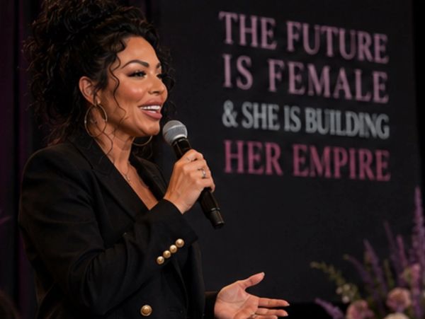 Woman speaking at an empowerment event with inspirational backdrop.