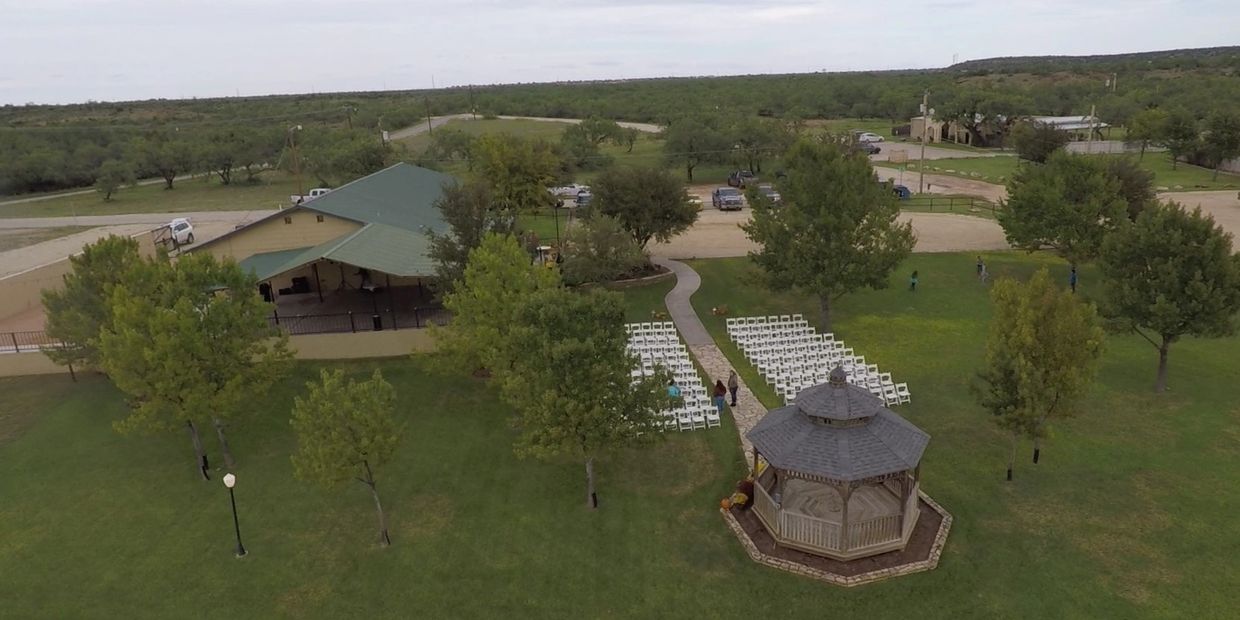 Aerial view of the gazebo, patio, courtyard and event center at Cain's Cove on Lake Nasworthy 