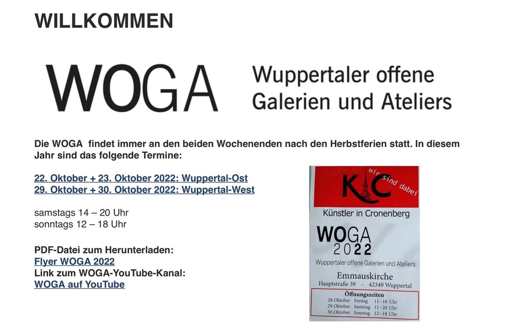 Flyer for WOGA 2022 art event in Wuppertal with dates and times.