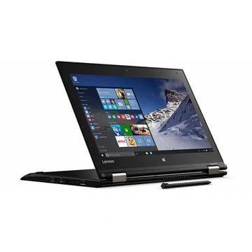 Lenovo convertible laptop with touchscreen and stylus pen, shown in tent mode.