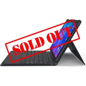 Tablet with detachable keyboard and adjustable stand in a black case.