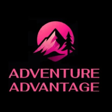 Pink mountain and tree logo with 'Adventure Advantage' text on black background.